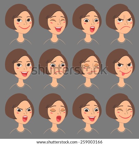 Cartoon Style Caucasian Girl's Faces. Vector Set of Different Emotions Icons. Isolated on background