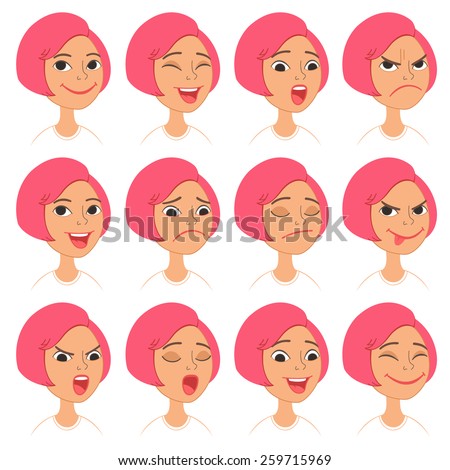 Cartoon Style Pink Hair Girl. Vector Set of Different Emotions Icons. Easy to modify and edit. Isolated on white background