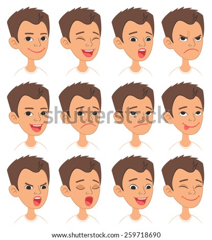 Cartoon Style Caucasian Boy Head. Vector Set of Different Emotions Icons. Easy to modify and edit. Isolated on white background