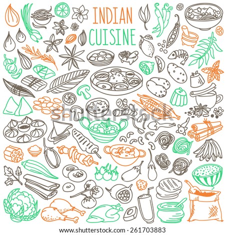 Set of doodles, hand drawn rough simple Indian cuisine food sketches. Different kinds of main dishes, desserts, beverages. Vector set isolated on white background for cafe menu, fliers, chalkboards