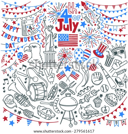 American Independence Day themed doodle set. National symbols of Fourth of July, festival traditional attributes and decorations, popular activities,  food and snacks. Isolated over white background.