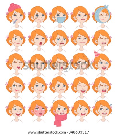 Set of cartoon cute girl face emotions Vector Icons. Happy, sad, crying, sleepy, smiling, sick, scary, surprised, excited, laughing. Isolated over white.