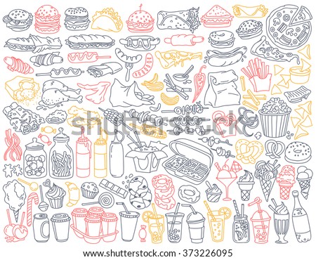 Fast food doodle set. Various take away meals, snack and drinks - burgers, french fries, chicken wings, barbecue, sweets, soda, coffee to go. Vector illustration isolated over white background.