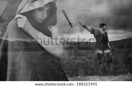 double exposition of  short haired girl  - thoughtful and  throwing out the sword  (art photo project \