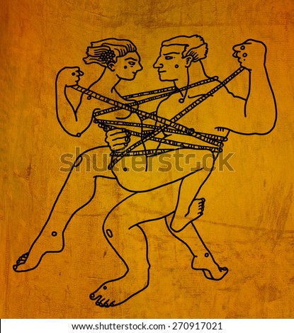 Naked couple dances tied with ropes in love embrace on golden yellow background