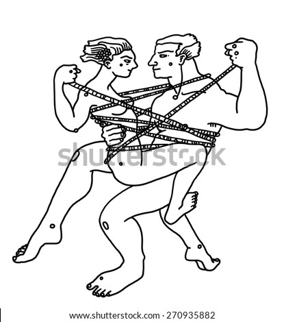 Naked couple dances tied with ropes in love embrace on white background