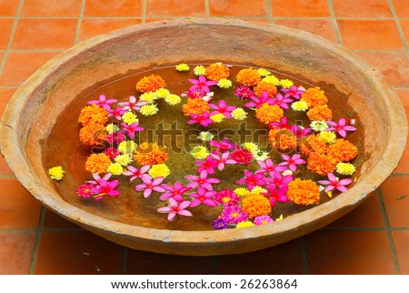 An Asian flower decoration in an earthen bowl of water