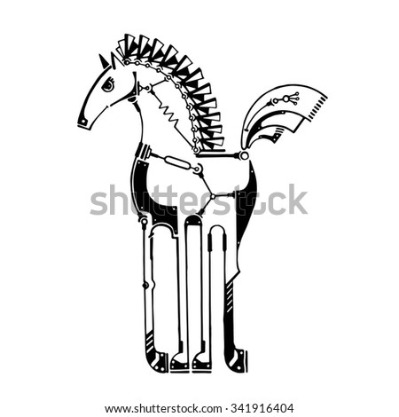 Black graphic steampunk stylized animal, techno horse, hand drawn vector illustration