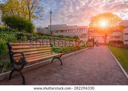 Bench in the park at sunset