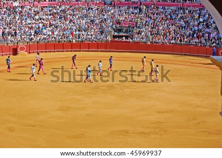 SEVILLE - APRIL 30:Bullfighters march into the ring at the at the Plaza de Toros de Sevilla April 30, 2009 in Seville, Spain.