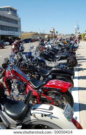 DAYTONA BEACH, FL - MARCH 6:  Motorcycles line Beach Street for miles during during \