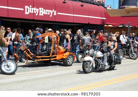DAYTONA BEACH, FL - MARCH 17:  Customized motorcycles line Main Street amid the sea of bikers in town for \
