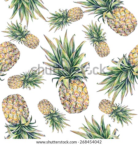 Pineapple on a white background. Watercolor colourful illustration. Tropical fruit. Seamless pattern
