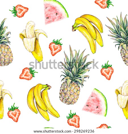 Fruit pattern. Seamless fruits texture of pineapple watermelon banana and strawberry on a white background. Watercolor illustration. Handwork