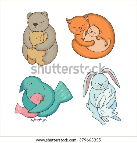 Set of hand drawn Baby and Mommy Animals isolated on white. Mother's hugs. Cute bears, cats, rabbits and birds - moms and kids.