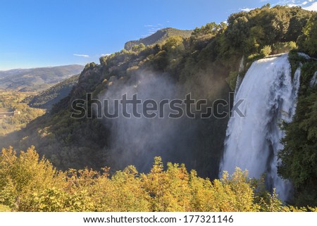 Cascata delle Marmore, Umbria, Italy. Marmore\'s Falls is a controlled-flow waterfall, used for the production of electricity. It is one of the highest in Europe.