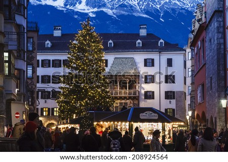 INNSBRUCK, AUSTRIA - DECEMBER 18, 2013: Christmas in Innsbruck, the capital city of the federal state of Tyrol in western Austria.