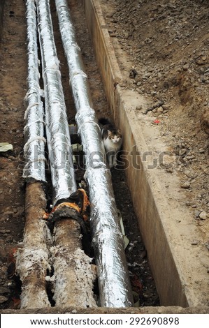 Breakthrough sewerage system. Pipes for water in an earthen trench. Repair, insulation and replacement of sewer.