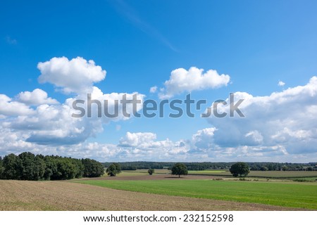 Dutch landscape with typical dutch white clouds and blue sky