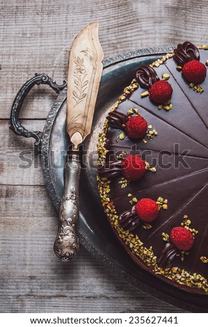 Chocolate cake with marzipan and raspberries