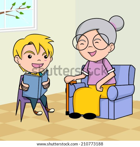 Child caring old people, vector illustration.