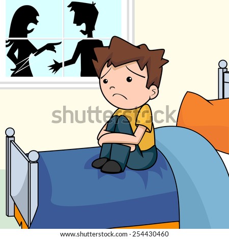 Sad child in bedroom, angry people, arguing, vector illustration