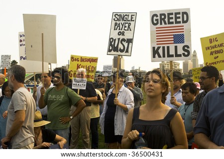 LOS ANGELES - SEPTEMBER 3: Supporters of healthcare reform gather at a city park on September 3, 2009 in Los Angeles.  Rallies and town hall meetings are being held throughout the country.