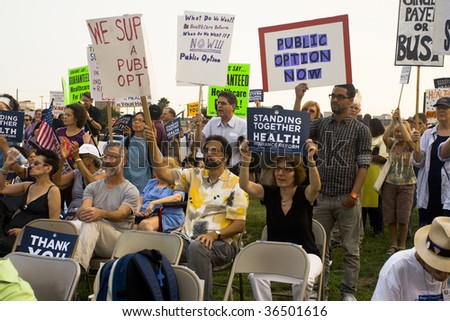 LOS ANGELES - SEPTEMBER 3: Supporters of healthcare reform gather at a city park on September 3, 2009 in Los Angeles.  Rallies and town hall meetings are being held throughout the country.