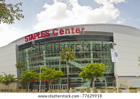 LOS ANGELES, USA - MAY 9: Staples Center main entrance on May 9, 2011 in downtown Los Angeles. Staples Center contains stadium seating for 14,000 people and houses world-class sports teams.