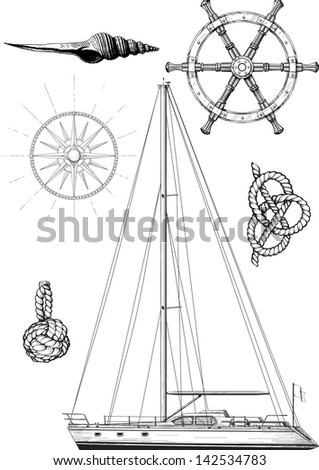 Set of marine and yachting symbols consisting of the yacht the wheel wind patterns and knots Isolated on white Set of marine and yachting symbols consisting of the yacht the wheel wind patterns and knots Isolated on white