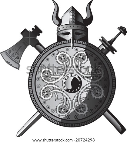 stock vector Helmet sword axe and Shield of Vikings