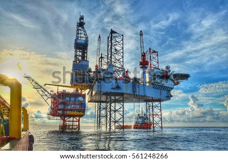 HDR image of Offshore construction platform for production oil and gas, Oil and gas industry, Production platform and operation process by manual and auto function, oil and rig industry and operation.