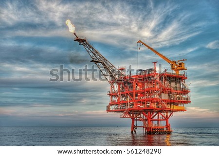 HDR image of Offshore construction platform for production oil and gas, Oil and gas industry, Production platform and operation process by manual and auto function, oil and rig industry and operation.