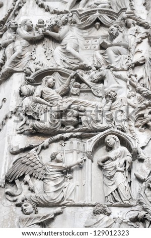 Bas-reliefs on an external wall of facade of the Cathedral (Duomo) with life scenes of Mary (mother of Jesus),Orvieto, Italy. The second pillar--the Messianic Prophesies