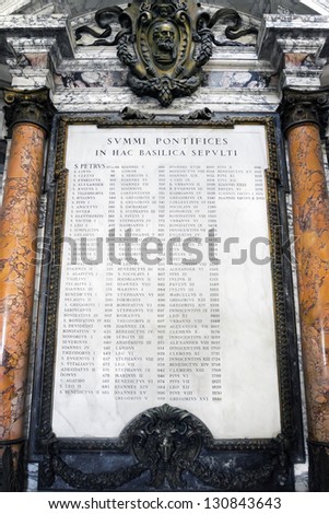 VATICAN - MARCH 28:  Plaque commemorating the popes buried in Papal Basilica of Saint Peter  in Vatican on March, 28th, 2012 (their names in Latin and the year of their burial)