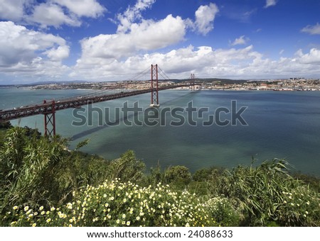 The name bridge on April, 25th through the river Tagus in Lisbon, Portugal