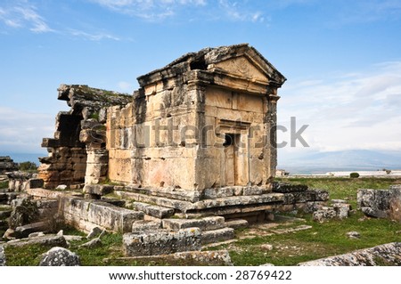 Ruins of the largest antique necropolis in city Hierapolis in terrain of Turkey