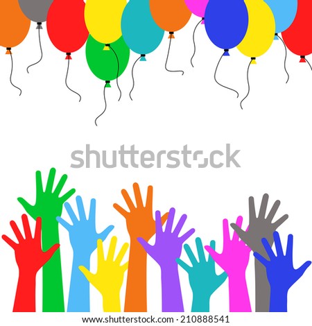Colorful hand people with multicolored balloons, crowd - Holiday birthday vector background