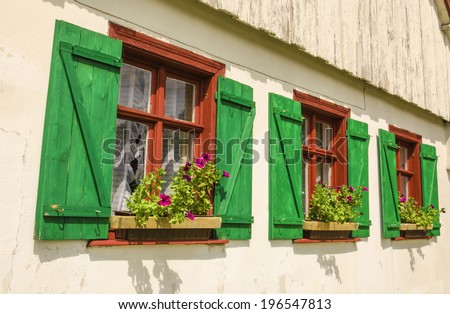 Three brown windows with green shutters and purple flowers in wooden white rural house, Europe