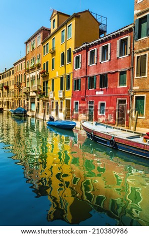 Beautiful romantic Venetian scenery, colorful houses on the canal, Venice, Italy