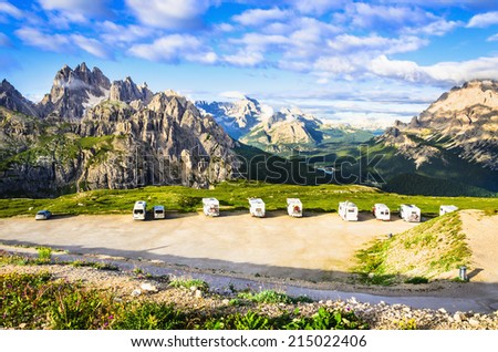 Italian Dolomites landscape and parking in front of the shelter Lavaredo ful of campers, Dolomites Mountains, Italy