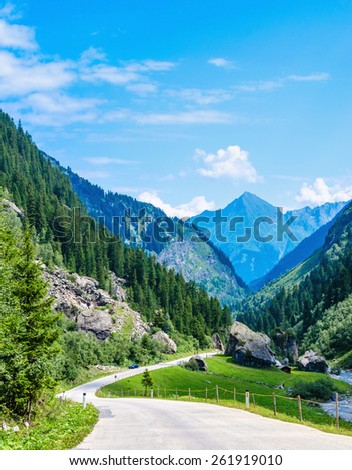 Winding alpine road with many turns and green grass at the road side and high peaks in backgund, Zillertal Alps, Insbruck, Austria