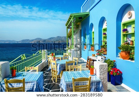 Typical blue and white Greek restaurant, Kalymnos, Dodecanese Islands, Greece