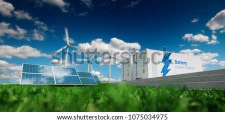 Concept of energy storage system. Renewable energy - photovoltaics, wind turbines and Li-ion battery container in fresh nature. 3d rendering.