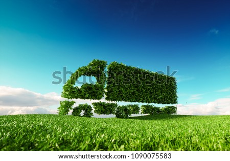 Eco friendly transportation concept. 3d rendering of green green truck icon on fresh spring meadow with blue sky in background.