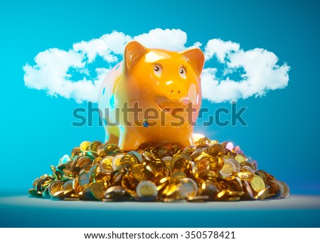 Piggy bank with stock of money and clouds in halo shape in background