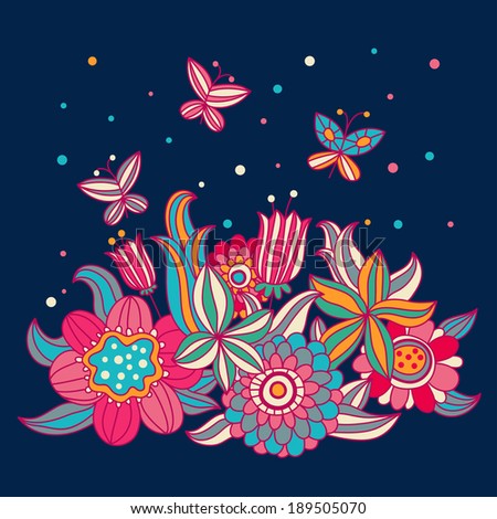 Vector floral background with flowers tulips and butterflies