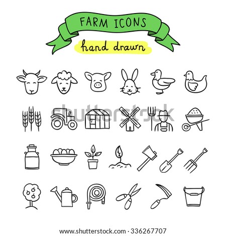 Hand drawn farm icons: gardening, cattle breeding, animals, birds, seeds, plants, trees. Vector outline icons on white background.