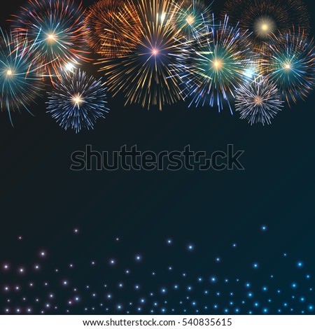 Festive brightly colorful fireworks bursting on blue twilight. background. Graphic illustration