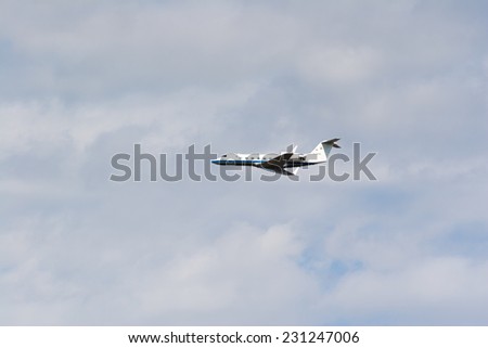 SAITAMA, JAPAN - NOVEMBER 3, 2014: Japanese Air Self-Defense Force holds their annual airshow at their Iruma airbase. They have a demonstration flight by a military multipurpose airplane called U-4.